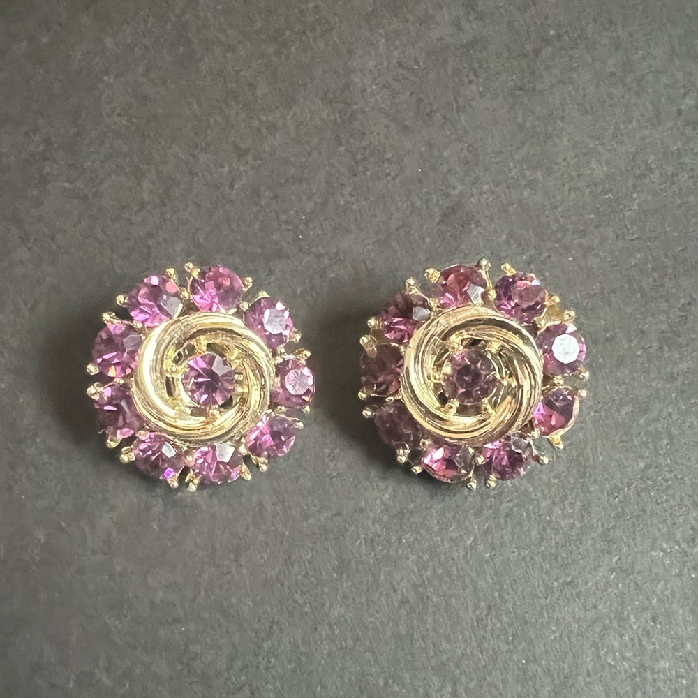 Lisner Stamped Vintage Purple Rhinestone Clip Earrings